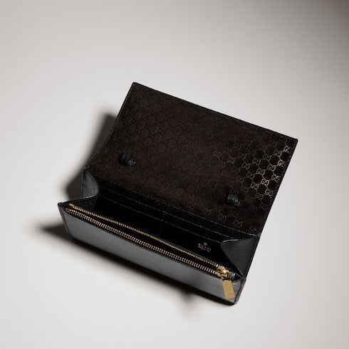 Wallet with strap and Gucci lettering - black leather