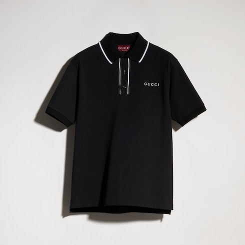 Cotton piquet polo shirt with embroidery - black