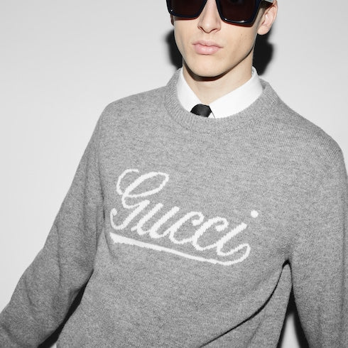 Wool sweater with Gucci intarsia - grey