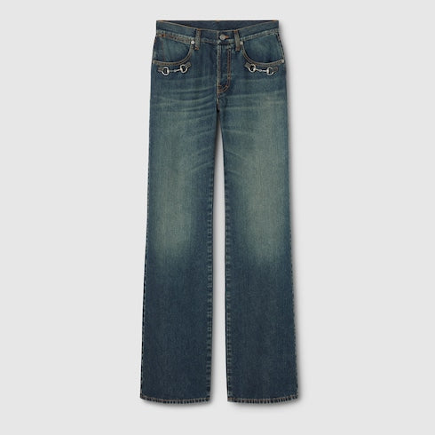 Cotton denim pants with Horsebit - blue