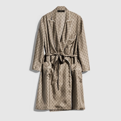 Printed silk twill shirt - beige and dark brown