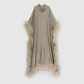 Printed silk twill long dress - beige and dark brown