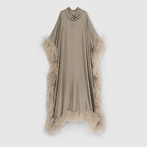 Printed silk twill long dress - beige and dark brown
