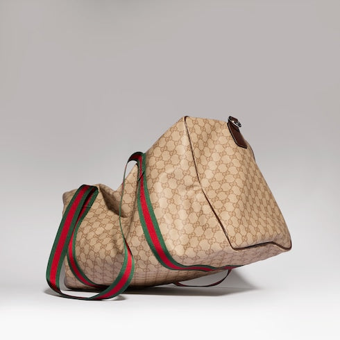 Medium duffle bag with Web - sand and brown GG canvas