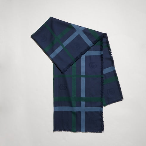 Tartan cashmere jacquard stole - blue