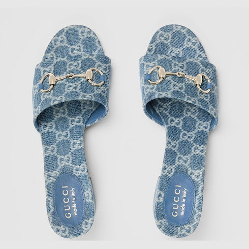 Women's slide sandal with Horsebit - blue GG denim