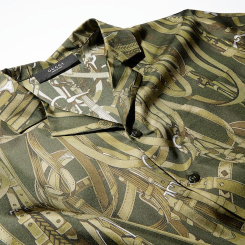 Printed silk bowling shirt - dark green and beige