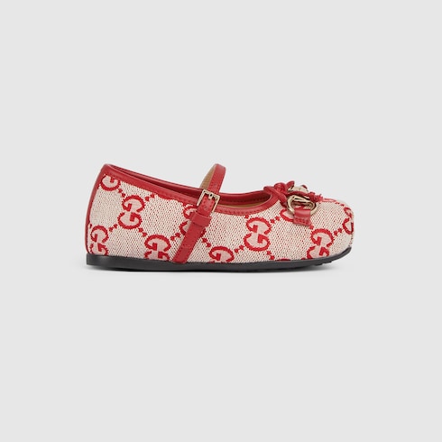 Toddler ballet flat with Horsebit - beige and red GG canvas
