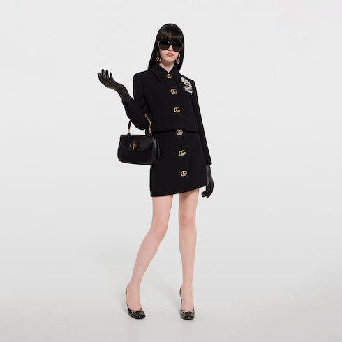 Crêpe wool skirt with Double G button - black