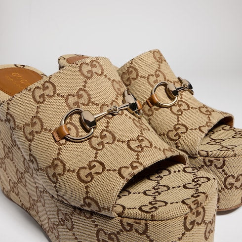 Women's wedge sandal with Horsebit - beige and dark brown GG canvas