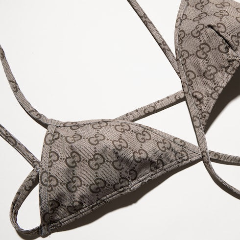 Printed stretch jersey bikini - beige and dark brown