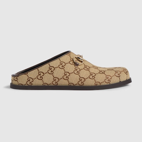 Women's mule with Horsebit - camel and dark brown GG canvas