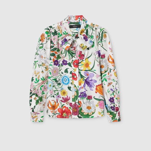 Printed silk twill shirt with bow - multicolor