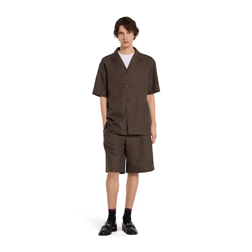 GG canvas linen blend bowling shirt - brown