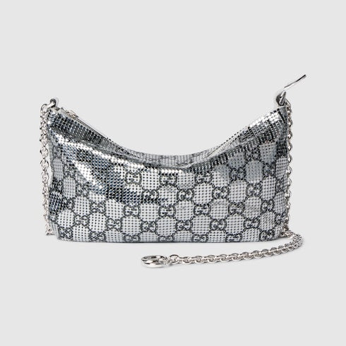 Metallic evening bag with charm - silver and black GG mesh