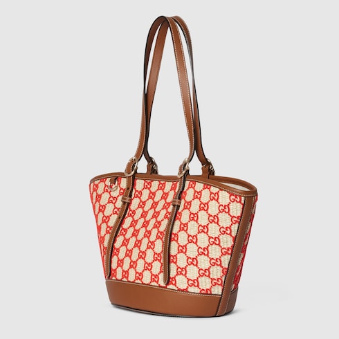 Woven small tote bag - natural and red fabric