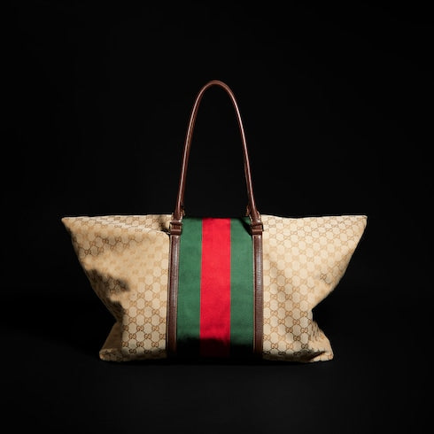 Medium GG duffle bag with Web - sand and brown GG canvas
