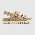 Women's sandal with Double G - beige and dark brown GG canvas