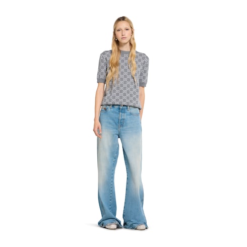 Reversible GG fine wool jacquard top - light pink and grey