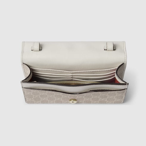 GG Emblem wallet with leather strap - beige and white fabric
