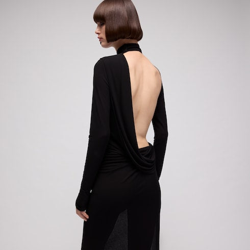 Viscose crêpe jersey dress with split - black