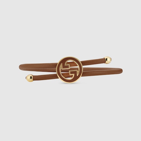 Bracelet with enamel Round Interlocking G - brown leather