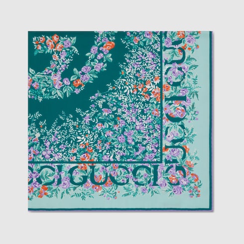 Printed silk twill carré - aquamarine and lilac