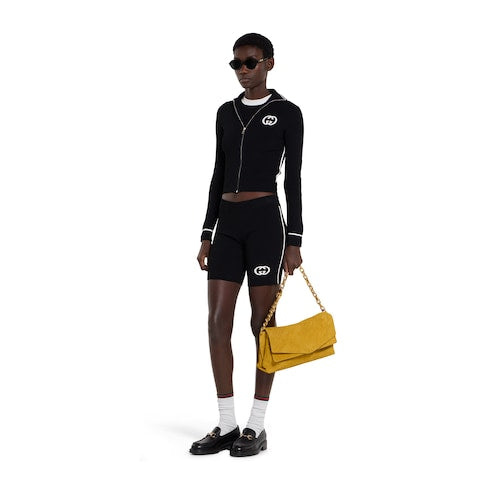 Ribbed zip jacket with intarsia - black