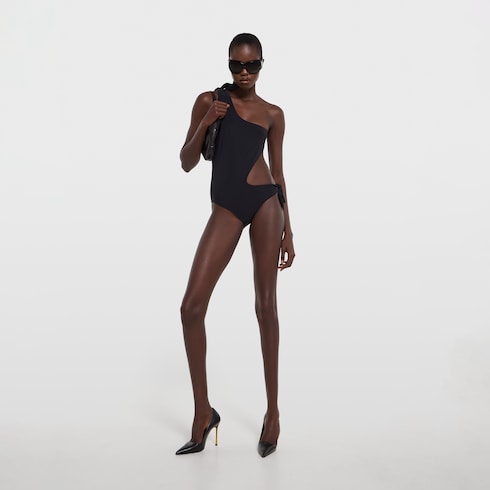 Stretch jersey swimsuit with embroidery - black