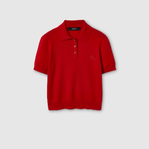 Knit wool polo shirt with embroidery - red