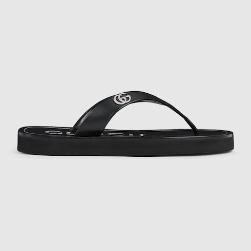 Women's thong sandal with Double G - black leather