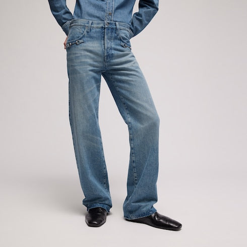 Flared denim pants with Horsebit - light blue