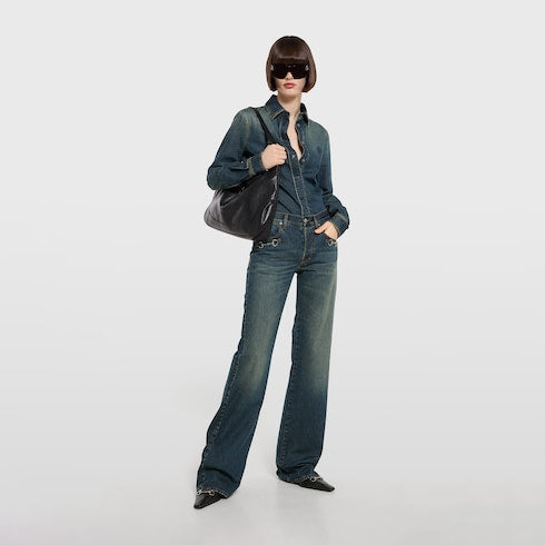 Cotton denim pants with Horsebit - blue