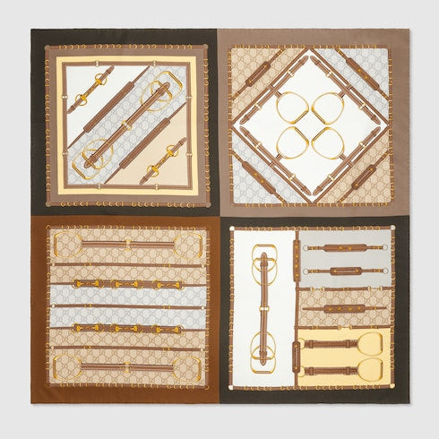 Printed silk twill carré - dark brown and beige