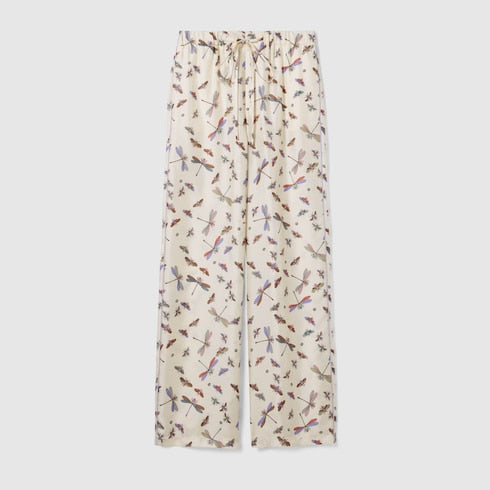 Printed silk twill pants - white