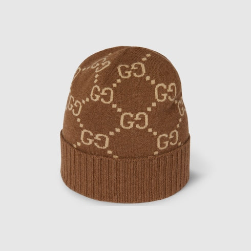 GG cashmere jacquard hat - dark brown and beige