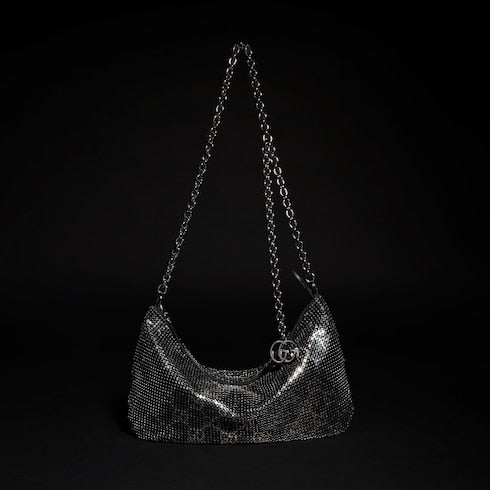 Metallic evening bag with charm - black and silver GG mesh