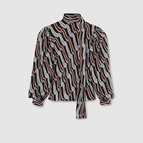 Printed silk twill shirt - grey and brown