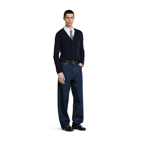 Fine cashmere cardigan with intarsia - navy