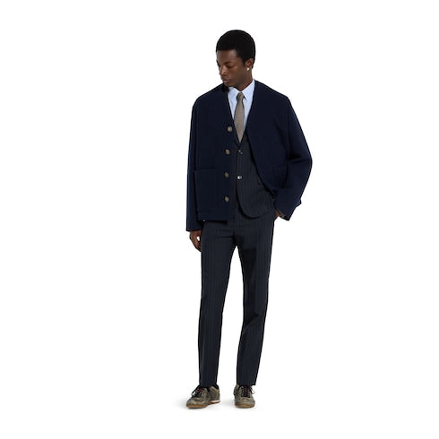 Single-breast pinstripe wool jacket - dark blue and grey