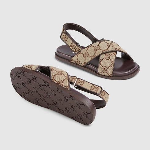 Children's GG sandal - beige and dark brown canvas