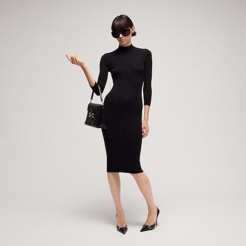 Fine rib knit wool dress with Horsebit - black