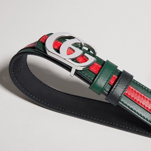 Reversible thin belt with Double G buckle - green, red and black leather