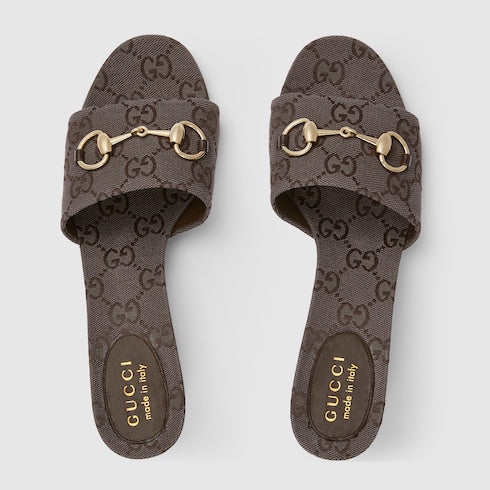 Women's slide sandal with Horsebit - dark brown GG canvas
