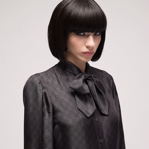Printed silk twill shirt with bow - black