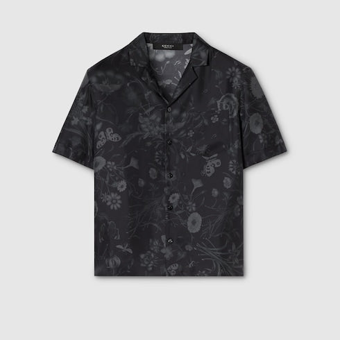 Printed silk twill bowling shirt - black and grey