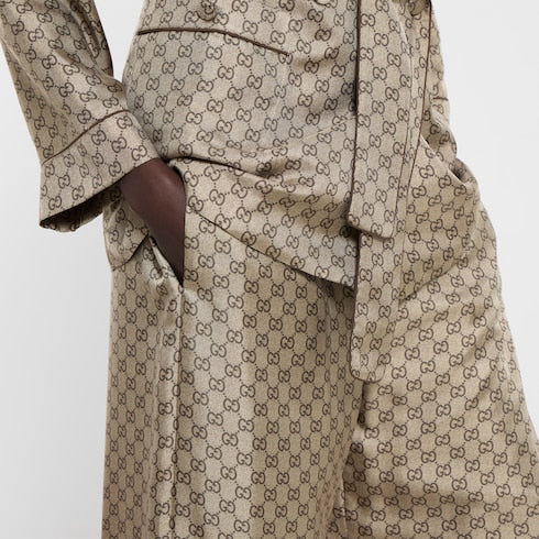 Printed silk twill leisure pants - beige and dark brown