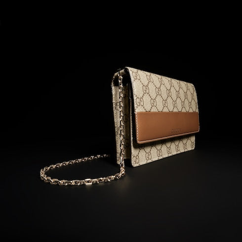 GG Emblem wallet on chain - brown leather
