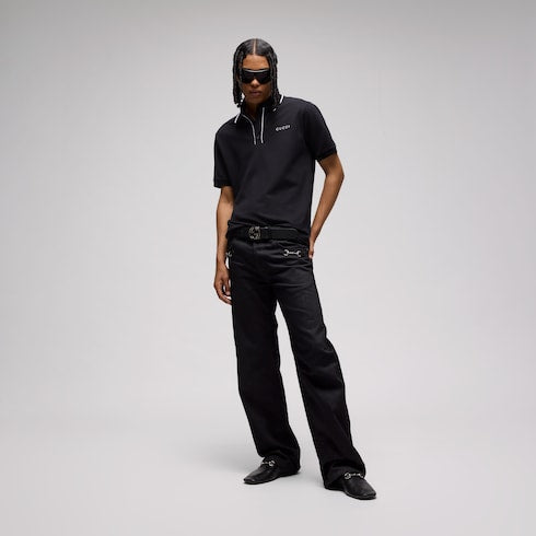 Cotton piquet polo shirt with embroidery - black