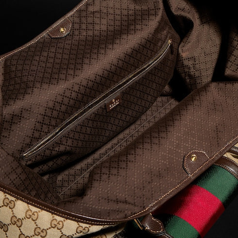 Medium GG duffle bag with Web - sand and brown GG canvas
